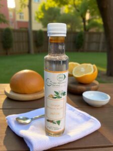 a bottle of orange blossom water placed on a white towel on a wooden table